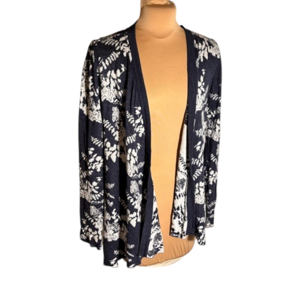 Belldini Navy White Floral Cardigan Open Front High Low Lightweight Drape Size M